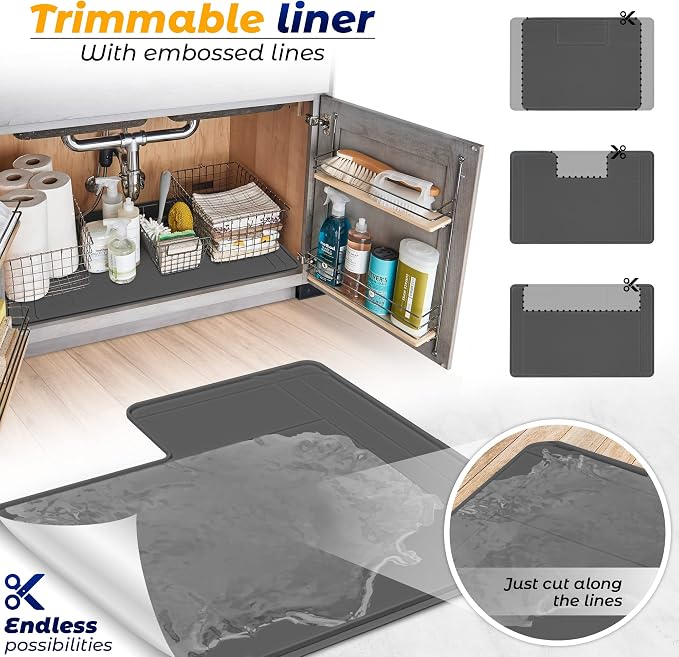 The Original Under Sink Mat - Silicone Waterproof mat, Trimmable, Easy to Clean, Kitchen cabinet liner, Under sink protector mats, Drip Tray with Lip - 34" x 22" or smaller - Beige