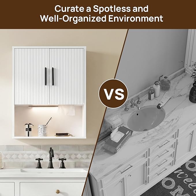 Modern Fluted Bathroom Wall Cabinet with Motion Sensor LED Light, White Over The Toilet Storage with Tissue Dispenser, Soft-Close Hanging Medicine Cabinet with Adjustable Shelves & Open Rack