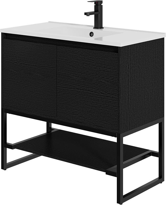 LUCKWIND 36" Modern Bathroom Vanity with Single White Sink Combo, Freestanding Storage Cabinet with Metal Frame, Matte Black Faucet and Open Shelf and 2 Soft-Closing Door, Black