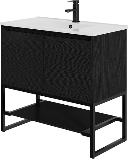 LUCKWIND 36" Modern Bathroom Vanity with Single White Sink Combo, Freestanding Storage Cabinet with Metal Frame, Matte Black Faucet and Open Shelf and 2 Soft-Closing Door, Black