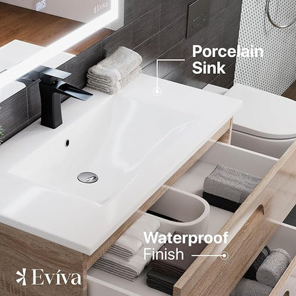 Eviva Joy 36 in. Maple Wall MountSingle Sink Bath Vanity with Porcelain Top and Integrated Sink