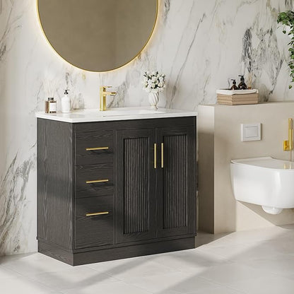 IRONCK 36 Inch Bathroom Vanity with Sink, Modern Black Bathroom Cabinet with Soft Closing Doors, 3 Drawers, Adjustable Shelf & Toilet Paper Holder