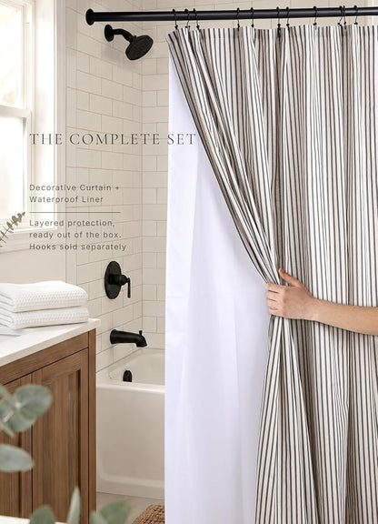 Farmhouse Striped Shower Curtain - Extra Long 72x84 Inches, Linen Blend Fabric, Breathable & Machine Washable, Rustic Black for Bathroom Decor (Hooks/Liner Not Included)