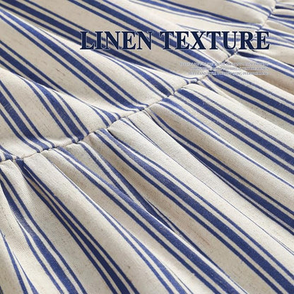Farmhouse Shower Curtain Ruffle Linen Cream-Blue Stripe 72"W x 84"L | Farmhouse Boho, Striped, Bottom Ruffle, Linen Fabric, Rustic, Country, Natural Look, Washable, for Bathroom Bathtub