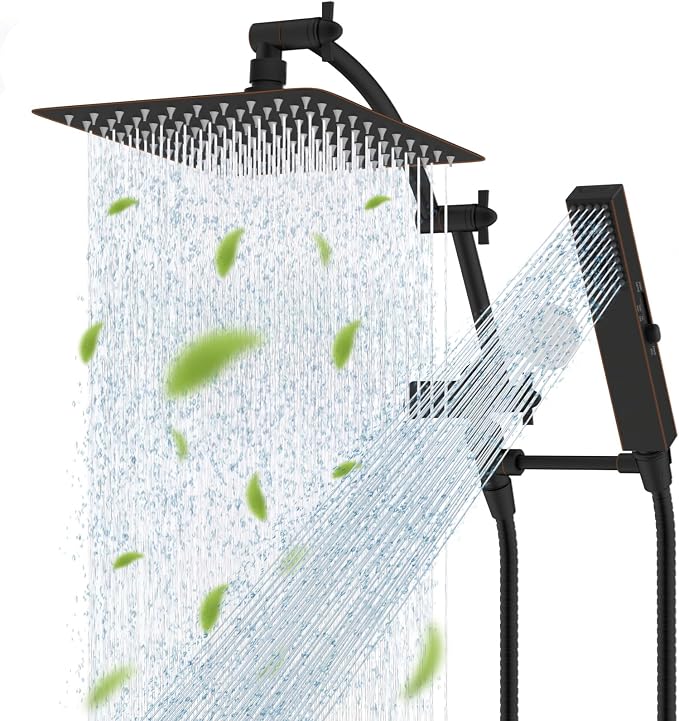 Hibbent All Metal CUPC Certified 10'' Rain Shower Head, Dual Shower Head Combo, High Pressure Handheld 4 Sprays Shower Wand, 16'' Adjustable Extension Arm, 71'' Hose, Shower Holder, Oil-Rubbed Bronze