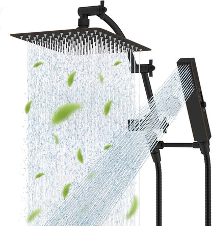 Hibbent All Metal CUPC Certified 10'' Rain Shower Head, Dual Shower Head Combo, High Pressure Handheld 4 Sprays Shower Wand, 16'' Adjustable Extension Arm, 71'' Hose, Shower Holder, Oil-Rubbed Bronze
