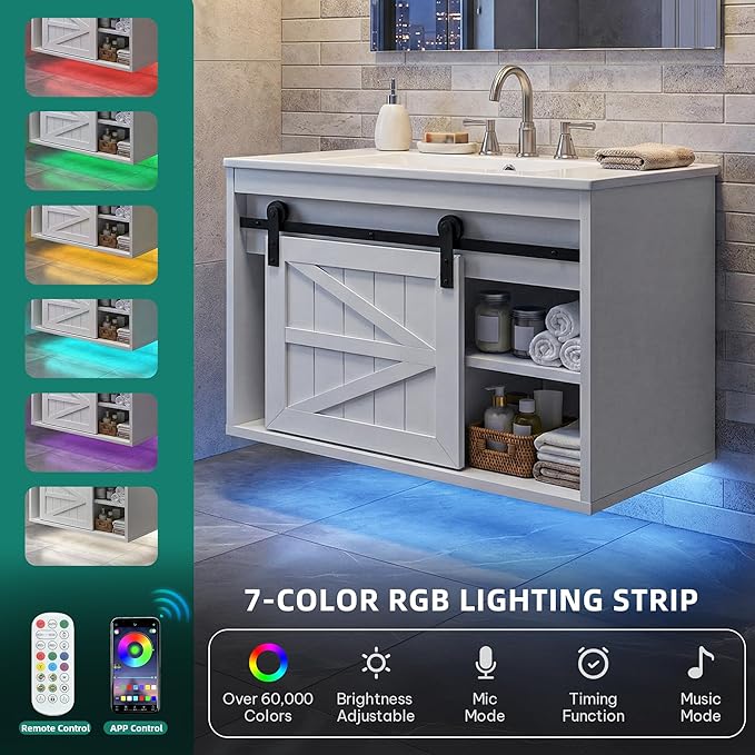 DWVO 24" LED Bathroom Vanity with Sink, Farmhouse Sliding Barn Door Bathroom Cabinet, Bathroom Vanities, Wall Mounted Floating Cabinet for Small Spaces
