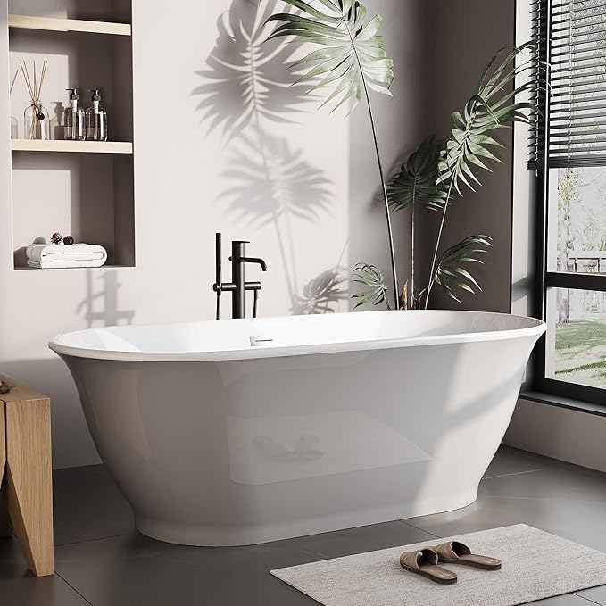 67 Inch Acrylic Freestanding Bathtub, Luxury Oval Soaking Tub, Modern Grey and White Stand Alone Bath with Chrome Drain and Overflow, Deep Soaking Tub for Bathroom