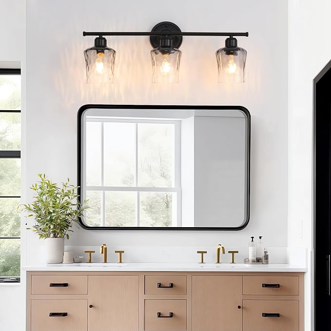 3-Light Bathroom Light Fixtures Black Vanity Light with Grey Glass Shade | Modxian Modern E26 Bathroom Wall light for Over Mirror, Kitchen, Hallway, Cabinet, Porch, Bedroom