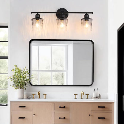 3-Light Bathroom Light Fixtures Black Vanity Light with Grey Glass Shade | Modxian Modern E26 Bathroom Wall light for Over Mirror, Kitchen, Hallway, Cabinet, Porch, Bedroom
