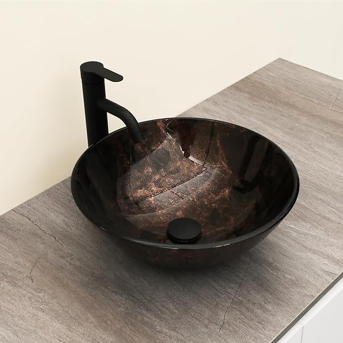 Logmey 16" Glass Bathroom Vessel Sink Vanity Countertop Round Bowl with Black Faucet and Chrome Pop up Drain Set,Glass Art Basin,Dark Bronze