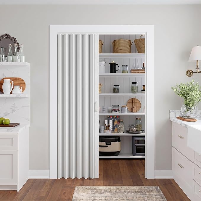 SmartStandard 48" x 80" Accordion Doors Interior, Double Walled, White | Easy to Assemble, Save Space, PVC Accordion Folding Doors for Closet Doorway Basement, with Track and Hardware