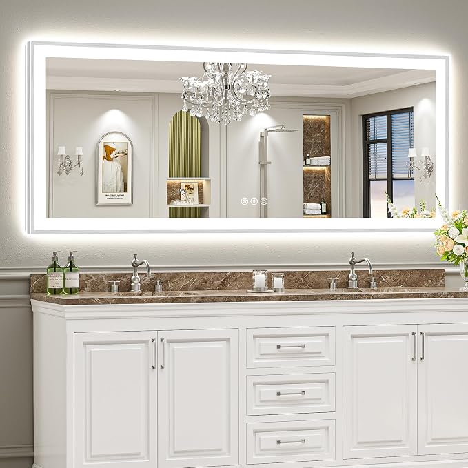 84x32 Inch Brushed Nickel LED Bathroom Mirror, Backlit & Front Lit | Silver Framed Anti-Fog Lighted Vanity Mirror with Lights, 3 Color Dimmable, Memory, HD Tempered Glass, CRI95, IP54, UL Listed