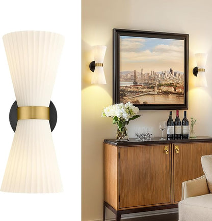 Wall Sconces Set of Two, HWH 14.3 Inch Black and Gold Bathroom Sconces with Frosted Milk White Striped Glass, Up Down Modern Wall Light fixtures for Living Room Bedroom, 5HZG97B-2W-2PK BK+BG