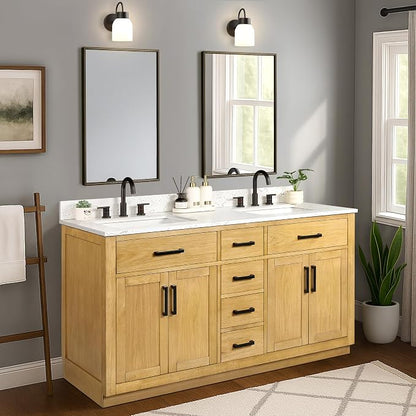 60-inch Natural Oak Bathroom Vanity with 2 Sinks, Solid Wood, 0.79-inch Stone Countertop and Backsplash, 6 Drawers, 4 Soft Closing Doors