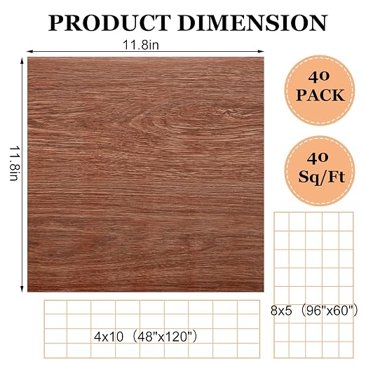 40 Sheet Vinyl Flooring 12” x 12” Peel and Stick Floor Tile Waterproof Walnut Wood Vinyl Floor Tiles Clearance Self Adhesive Floor Tiles Sticky Laminate Flooring Stick on Bathroom Kitchen RV