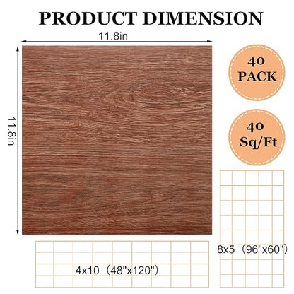 40 Sheet Vinyl Flooring 12” x 12” Peel and Stick Floor Tile Waterproof Walnut Wood Vinyl Floor Tiles Clearance Self Adhesive Floor Tiles Sticky Laminate Flooring Stick on Bathroom Kitchen RV