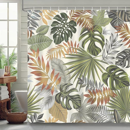 Tropical Leaves Shower Curtain, Grey Green Palm Leaf Botanical Summer Shower Curtain for Bathroom, Waterproof Polyester with 12 Hooks, 72 x 72 Inches