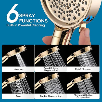 Cobbe Filtered Shower Head with Handheld, High Pressure 6 Spray Mode Showerhead with Filters, Water Softener Filters Beads for Hard Water - Remove Chlorine - Reduces Dry Itchy Skin, Egyptian Gold | High Pressure 6 Spray Mode Shower Head with Filters - ...