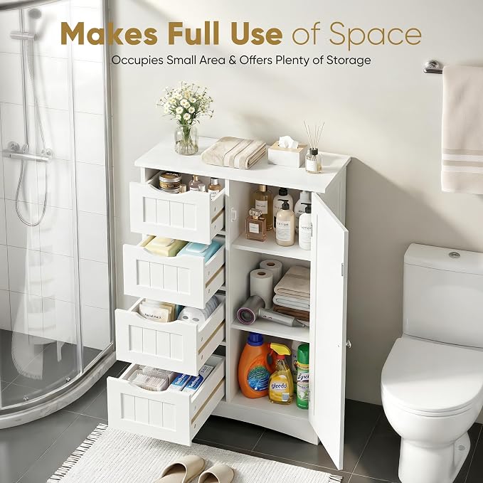 SUPER DEAL Bathroom Storage Cabinet with 4 Drawers and 1 Cupboard, Entryway Home Decor Furniture Towels Storage Organizer Unit, White