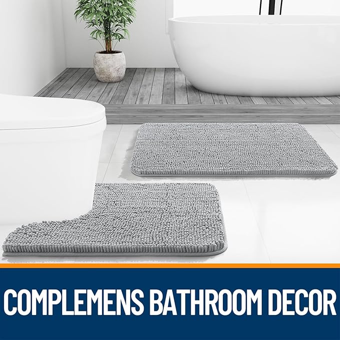 OLANLY Small Bathroom Rugs 24x16, Extra Soft Absorbent Chenille Bath Rugs | Light Grey, Quick-Drying Rubber Backing, Machine Washable Bath Mat for Bathroom Floor, Tub and Shower, Home Decor Accessories
