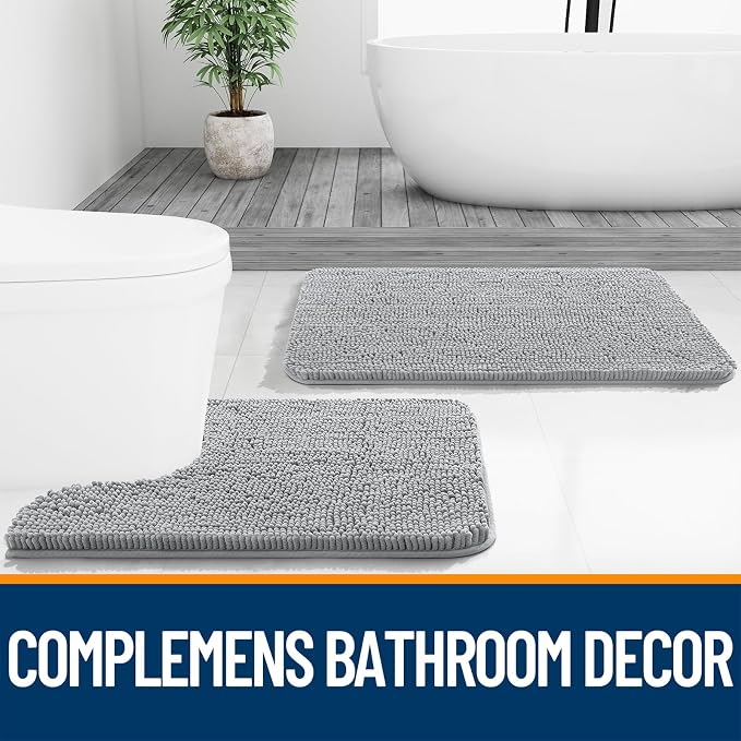 OLANLY Large Bathroom Rugs 50x30, Extra Soft Absorbent Chenille Bath Rugs | Light Grey, Quick-Drying Rubber Backing, Machine Washable Bath Mat for Bathroom Floor, Tub and Shower, Home Decor Accessories