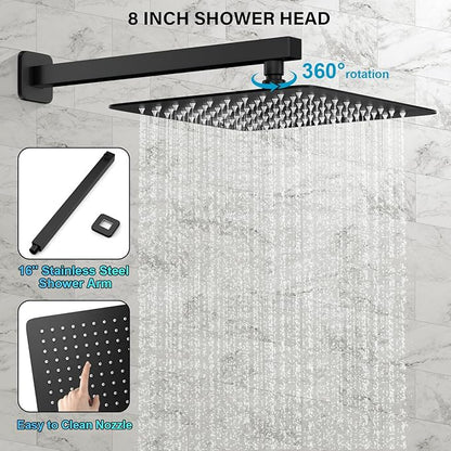 FPXRNG Shower Faucet Set Rainfall Shower System with Square Shower Head and Handle Set Rough-in Valve and Metal Trim Kit Included Matte Black 8 Inch Wall Mounted Shower Fixtures