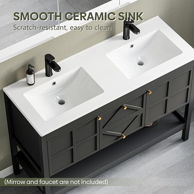 48" Bathroom Vanity with Double Sink Combo, Undermount Sink Bathroom Storage Cabinet with 2 Drawers & 2 Soft-Close Doors, Freestanding Farmhouse Cabinet with Open Storage Shelf, Black