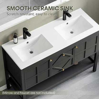 48" Bathroom Vanity with Double Sink Combo, Undermount Sink Bathroom Storage Cabinet with 2 Drawers & 2 Soft-Close Doors, Freestanding Farmhouse Cabinet with Open Storage Shelf, Black