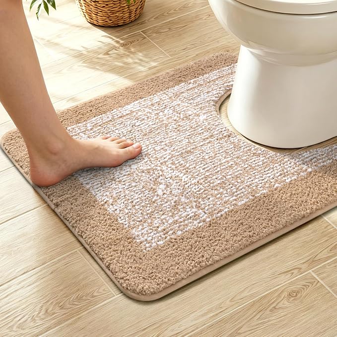 Toilet Rugs U-Shaped 24x19, Non-Slip Plush Shaggy Quick Dry Bathroom Contour Rugs, Extra Soft Absorbent Chenille Washable Bath Mat for Toilet Base, Beige