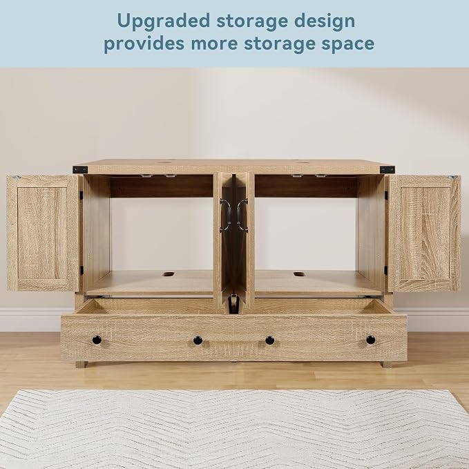 48 inch Natural Color Bathroom Vanity, Rustic Fixture Standing Pedestal Cabinet with Two Black Ceramic Vessel Sinks