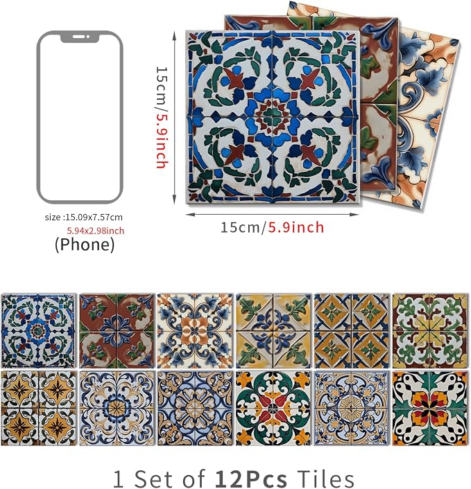 12Pcs Back Splash Peel-Stick,Waterproof 6x6 Tiles Decal | 1.6mm-Thick FOAM+PE Tile Stickers,Stick on Tiles for Kitchen Wall,Bathroom,Cabinets