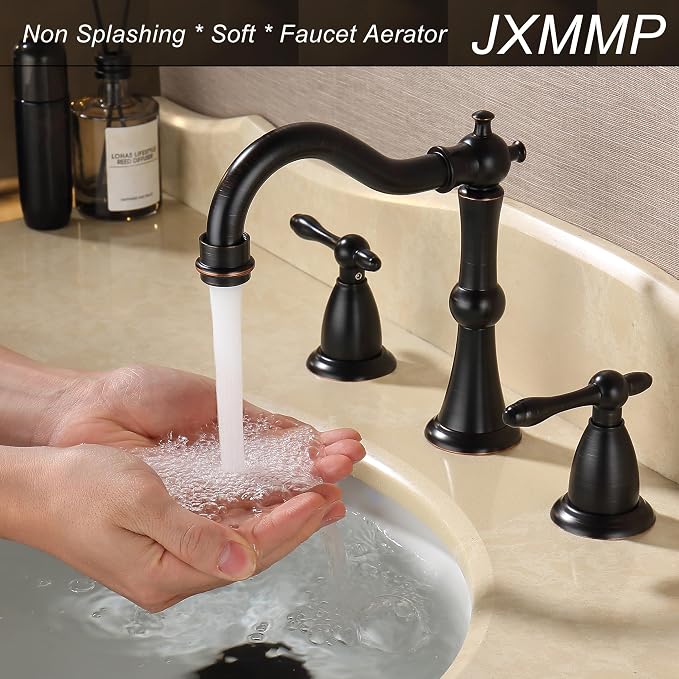 Oil Rubbed Bronze Antique Bathroom Faucet 3 Hole, Widespread 8in Bathroom Sink Faucet with Pop Up Drain and cUPC Supply Hose, Modern 2 Handle Three Hole Bathroom Faucet Bronze JXM3073ORB