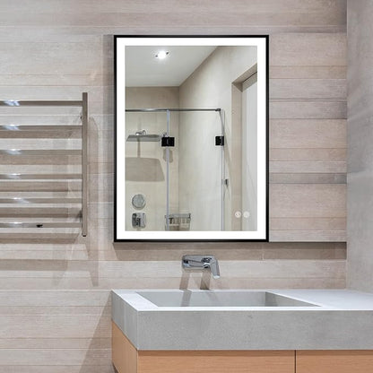 30x20 Inch LED Bathroom Mirror with Lights, Black Frame - 3 Color Modes, Touch Dimmer, Anti-Fog - Wall Mount Lighted Vanity Mirror for Makeup, Dressing Room - Fab Glass and Mirror