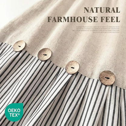 Farmhouse Shower Curtain Linen Button Black Stripe 72" W x 72" L | Farmhouse Style, Chic Button, Striped, Linen Fabric, Rustic, Country, Natural Look, Washable, for Bathroom Bathtub