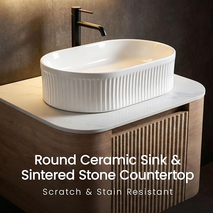 24" Preassembled Floating Bathroom Vanity with White Sink, Oak | Mid-Century Modern Style, Fluted & Soft-Close Drawer with U-shaped Wall, Sinterted Stone Countertop, Towel Rack Included