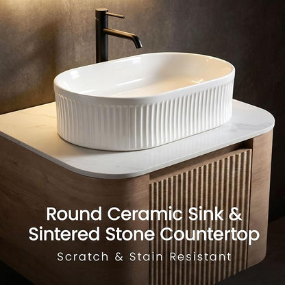 24" Preassembled Floating Bathroom Vanity with White Sink, Oak | Mid-Century Modern Style, Fluted & Soft-Close Drawer with U-shaped Wall, Sinterted Stone Countertop, Towel Rack Included