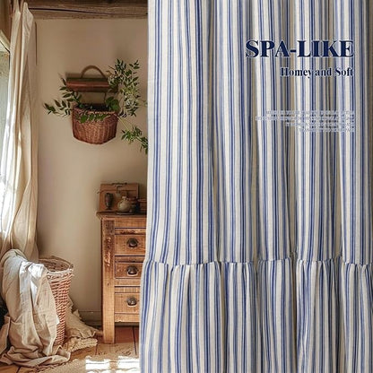 Farmhouse Shower Curtain Ruffle Linen Cream-Blue Stripe 72"W x 84"L | Farmhouse Boho, Striped, Bottom Ruffle, Linen Fabric, Rustic, Country, Natural Look, Washable, for Bathroom Bathtub
