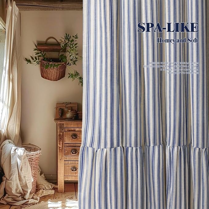 Farmhouse Shower Curtain Ruffle Linen Cream-Blue Stripe 72"W x 75"L | Farmhouse Boho, Striped, Bottom Ruffle, Linen Fabric, Rustic, Country, Natural Look, Washable, for Bathroom Bathtub