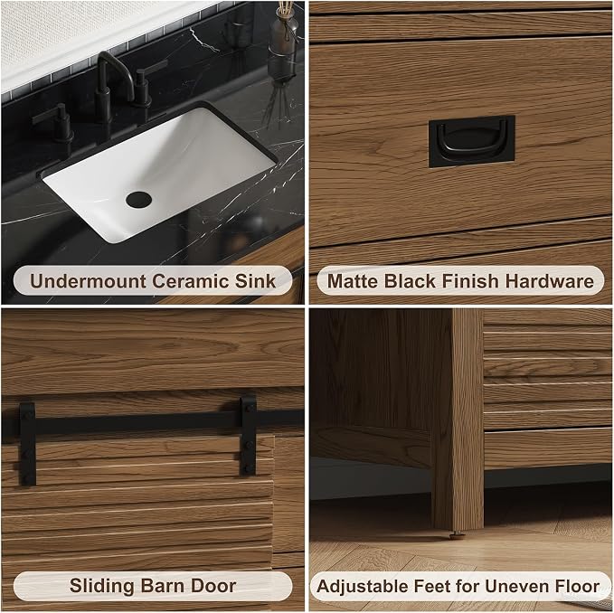 48 Inch Farmhouse Bathroom Vanity with Sink, Walnut | Pre Assembled Freestanding Bathroom Sink Cabinet, Sliding Barn Doors & Soft-Closing Drawers, Single Sink, Adjustable Feet