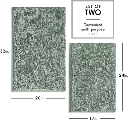Hearth & Harbor Bathroom Rugs, Chenille Bath Mat - Machine Washable Bath Mats for Bathroom Non-Slip Backing Rubber, Quick Dry Bathroom Mat, 17 x 24 + 20 x 32 - Ice Green