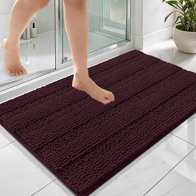 OLANLY Thick Bathroom Rugs 36x24, Chenille Striped Bath Rugs, Black Cherry | Rubber Backing, Machine Wash, Extra Soft Absorbent Bath Mats for Bathroom Floor, Tub and Shower, Home Decor Accessories