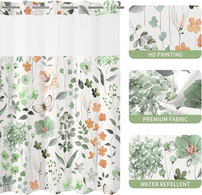 No Hook Sage Green Watercolor Floral Shower Curtain and Liner Set, 36x74 | Spring Flower Shower Curtains with Snap-in Liner for Farmhouse Bathroom Decor, Botanical Bathroom Curtain with Leaves