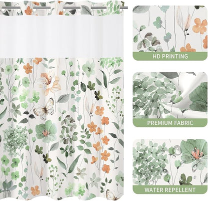 No Hook Sage Green Watercolor Floral Shower Curtain and Liner Set, 36x74 | Spring Flower Shower Curtains with Snap-in Liner for Farmhouse Bathroom Decor, Botanical Bathroom Curtain with Leaves