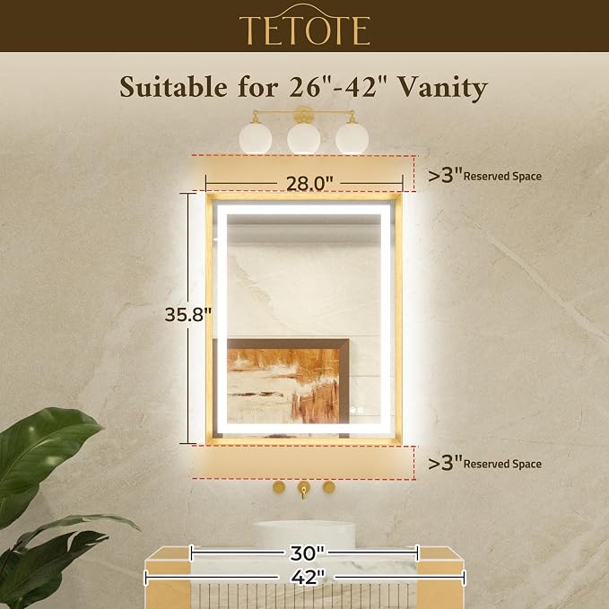 28 x 36 Bathroom LED Mirror Brushed Black Metal Frame Frontlit & Backlit Vanity Mirror Anti-Fog Stepless Dimmable 3 Colors White/Warm/Natural Mirror with Lights Wall-Mounted