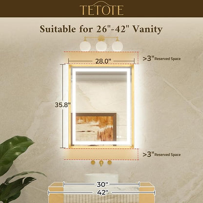 28 x 36 Bathroom LED Mirror Brushed Gold Metal Frame Frontlit & Backlit Vanity Mirror Anti-Fog Stepless Dimmable 3 Colors White/Warm/Natural Mirror with Lights Wall-Mounted