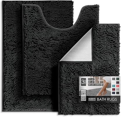 Hearth & Harbor Bathroom Rugs, Chenille Bath Mat - Machine Washable Bath Mats for Bathroom Non-Slip Backing Rubber, Quick Dry Mat - Black Bath Rug, 17x24-20x32-20x24