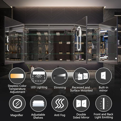 Neftis 72x36 Medicine Cabinet with Lights & Magnifier & Mirrors, GFCI Outlet, Soft-Closed Hinges, Front&Backlit, Anti-Fog, Dimmable&Tunable, Sensor Lights, Recessed/Surface, Adjustable Shelves