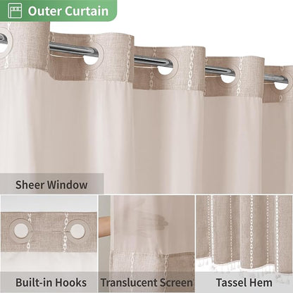 eachope Boho Farmhouse No Hook Shower Curtain Set with Snap-in Fabric Liner,Heavy-Duty Linen Textured Rustic Striped Design,Water-Repellent with Tassels and Sheer Window,Tan/Taupe,71x74 | Snap-in Liner,330GSM Thick Linen Textured Rustic Striped Design,...