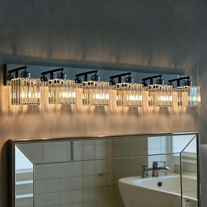 Brushed Chrome Crystal Bathroom Vanity Light, 6-Light Modern Bathroom Lighting Fixtures Over Mirror,Chrome Wall Sconce Light Fixtures with Square Shade